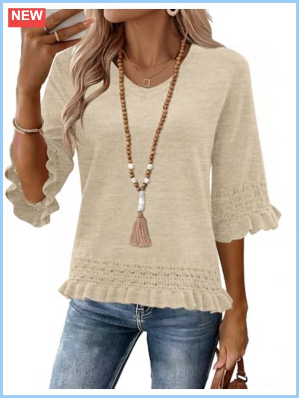 Womens Peplum Sweater 3/4 Sleeve V Neck Ruffle Pullover Top